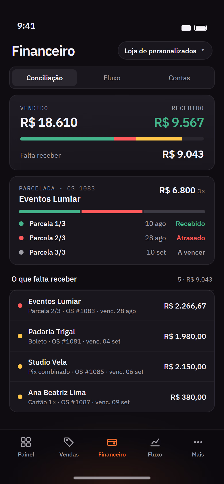 Tela Financeiro da Órbita no celular