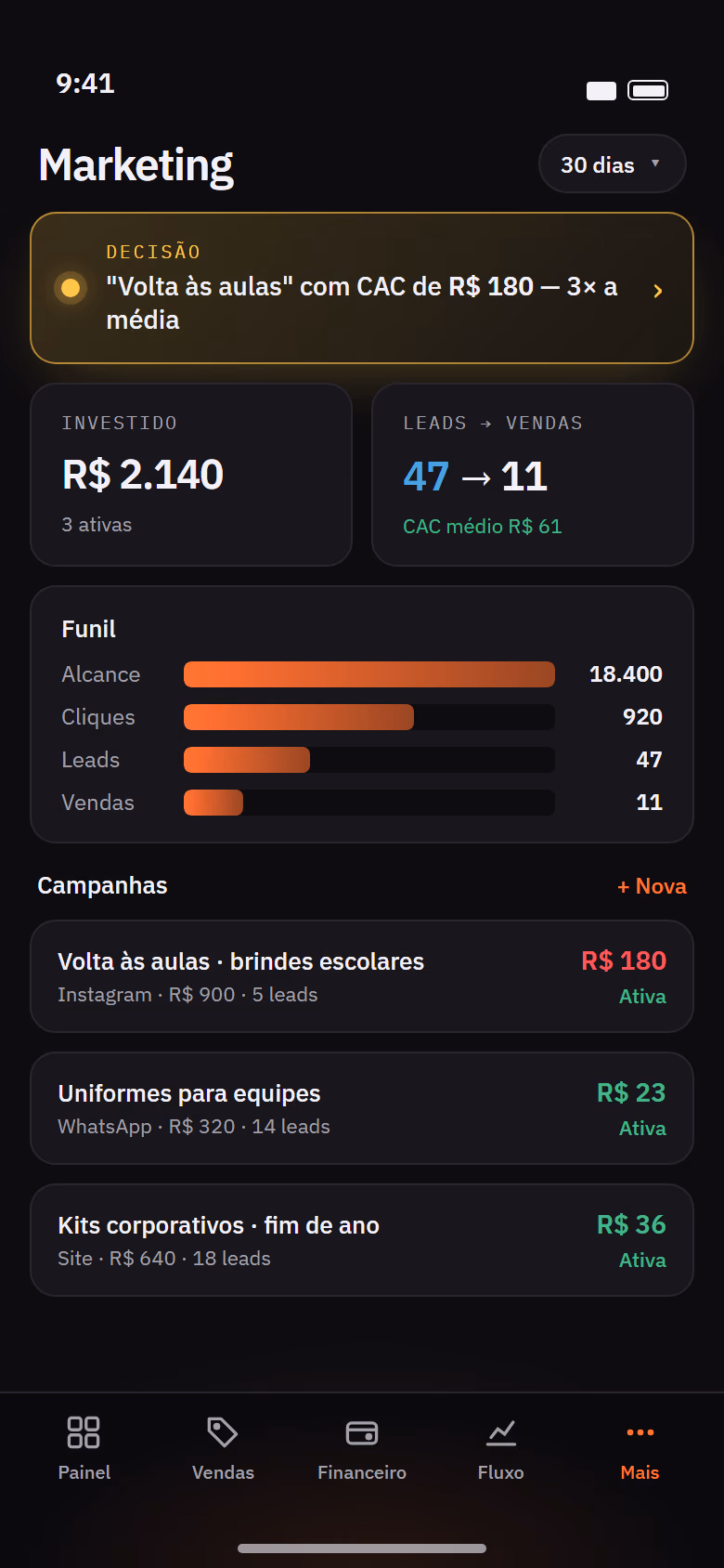Tela Marketing da Órbita no celular