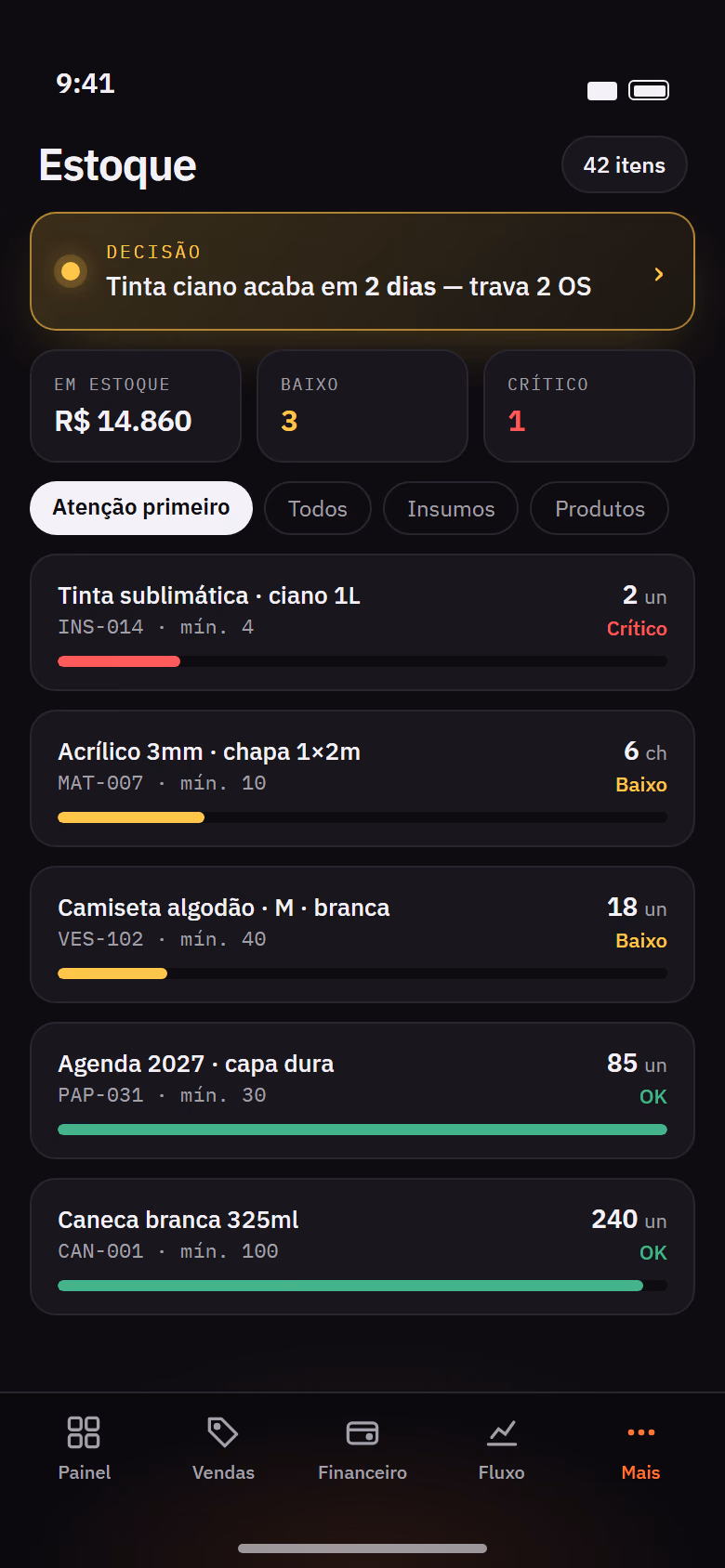 Tela Estoque da Órbita no celular