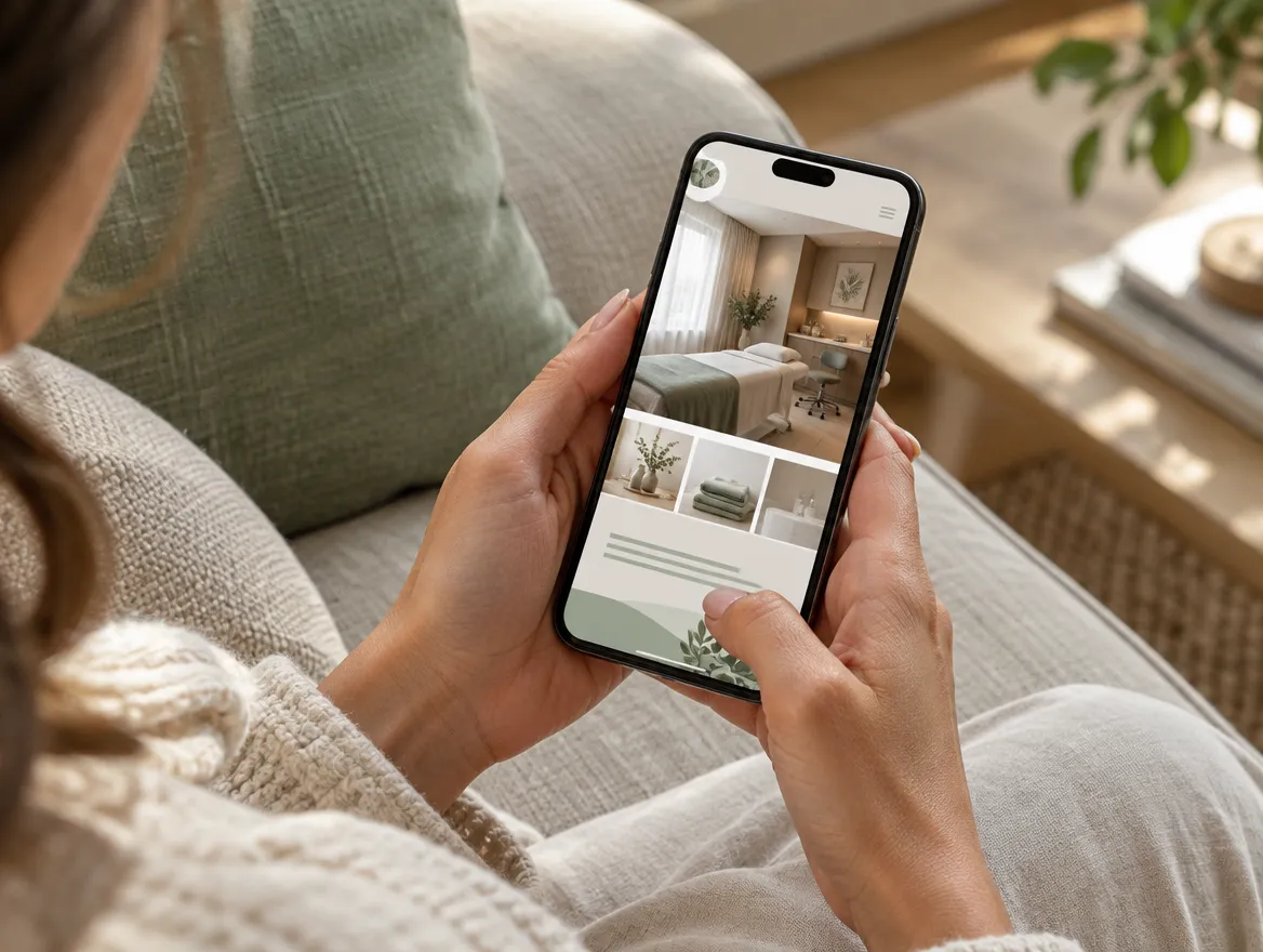 Paciente no sofá olhando a página de uma clínica no celular