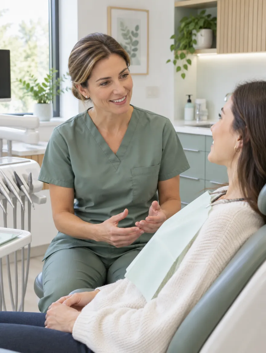 Dentista conversando com a paciente na cadeira do consultório