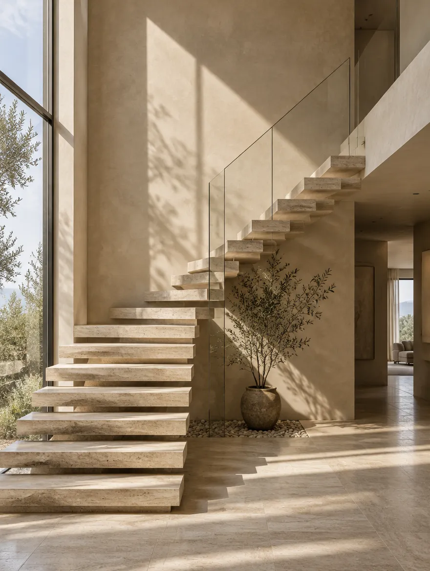 Escada flutuante de travertino com luz natural e oliveira ao pé