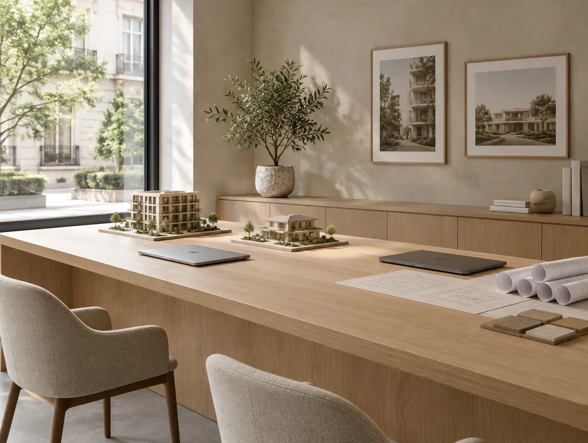 Escritório de imobiliária com maquetes sobre bancada de madeira