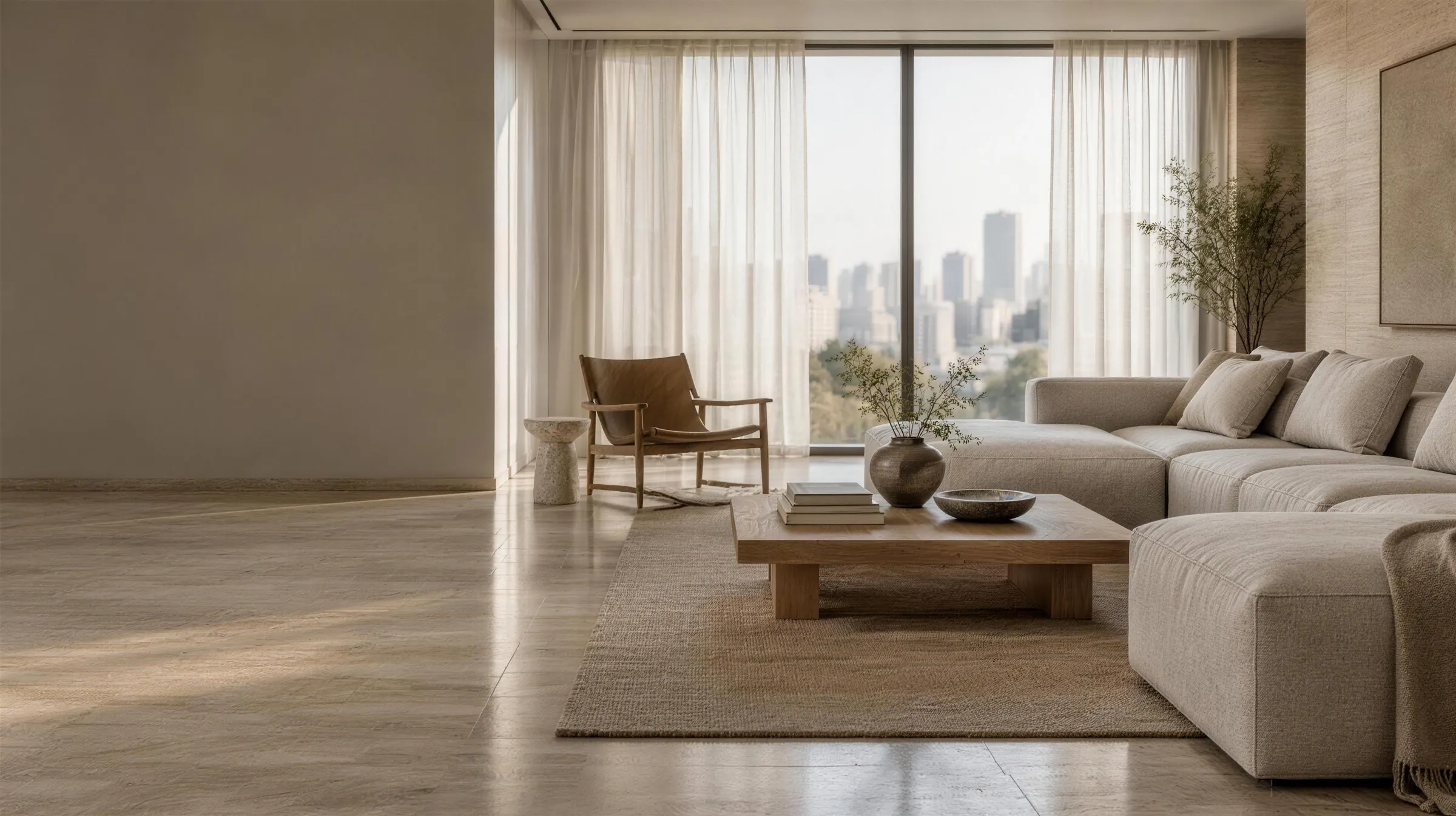 Sala de apartamento alto padrão com luz natural, sofá de linho e piso de travertino