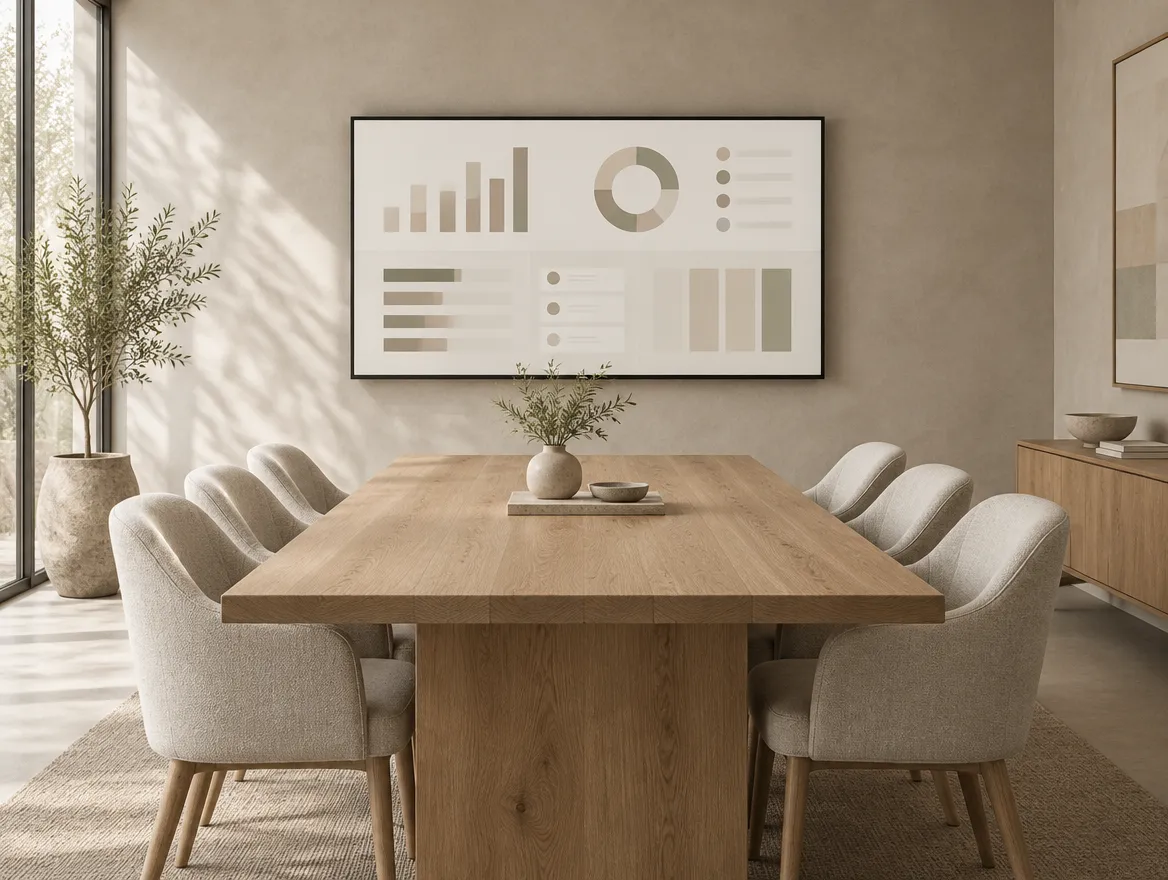 Sala de reunião com painel na TV e mesa de carvalho