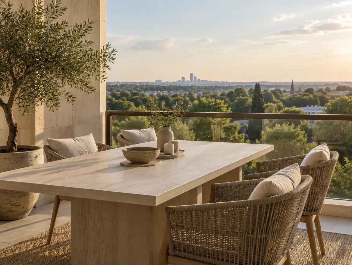 Varanda de apartamento com mesa de pedra e vista aberta